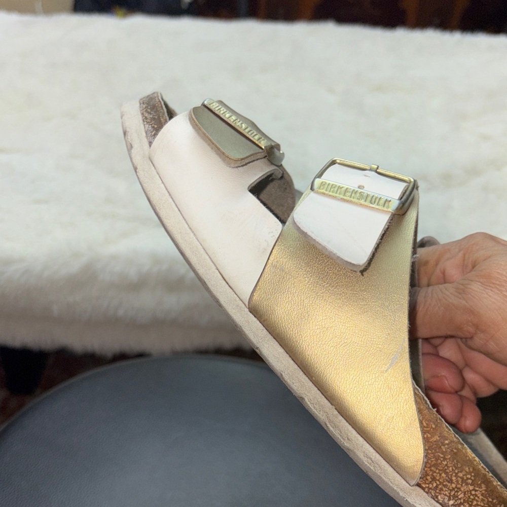 White and Gold Double Strap Sandals - Picture 8 of 10